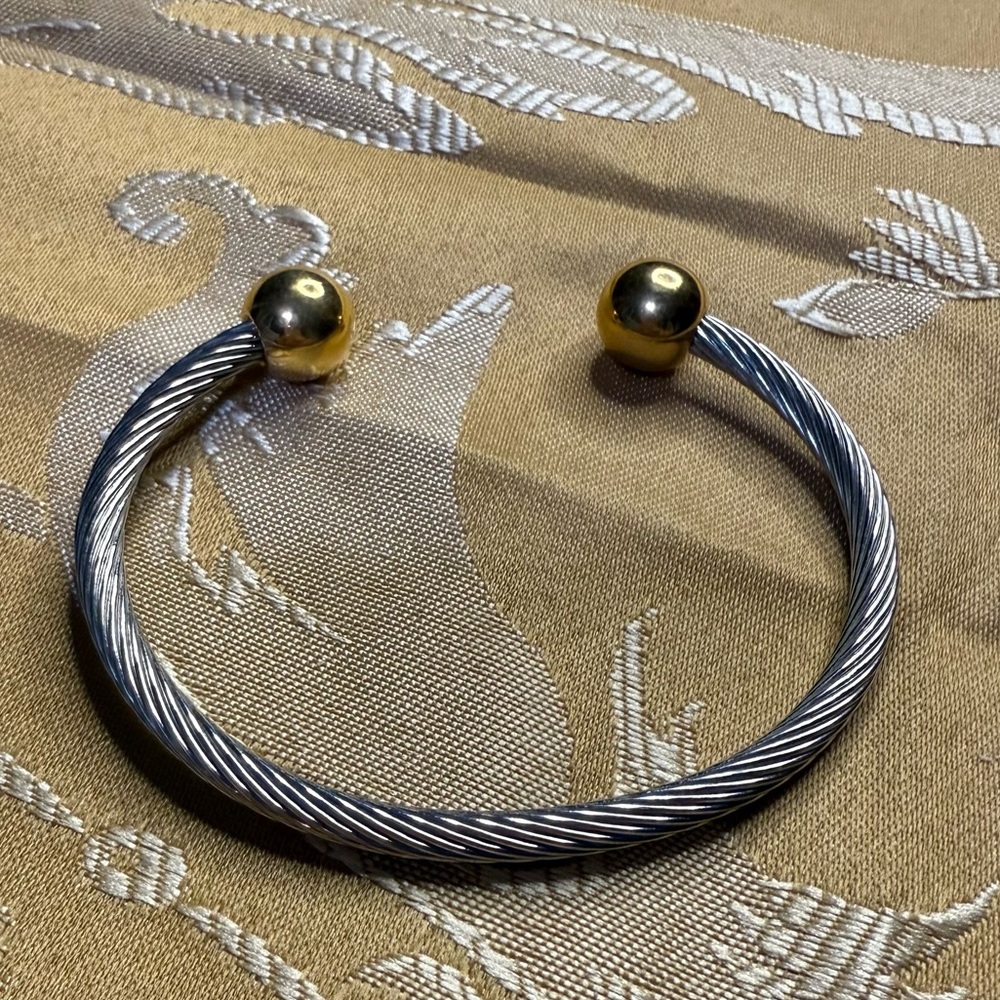Vintage Cable Wire Cuff Bracelet Gold Ball Ends Minimal Cool Girl